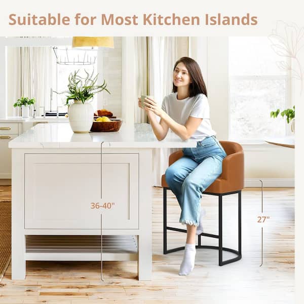 35.2 in. Modern Brown Faux Leather Upholstered Barrel Counter Stool with Metal Frame Counter Height Bar Stool Set of 4