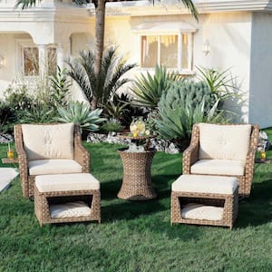 Brown Wicker 5-Piece Patio Conversation Set with Navy Blue Cushions, Pet House Cool Bar and Retractable Side Tray