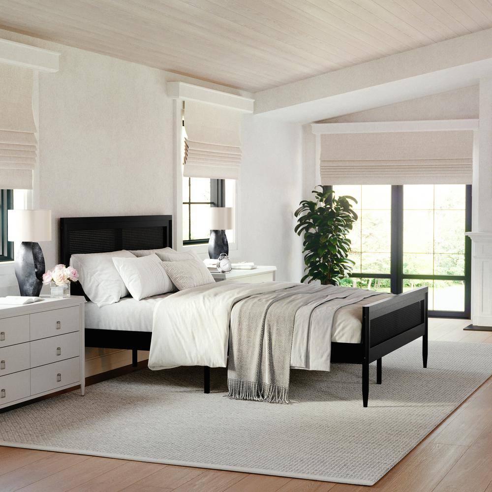 Black Queen Size Wood Platform Bed with Rattan Headboard and Footboard