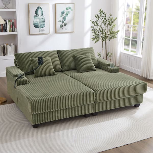 Falmare Green Corduroy Polyester Upholstered Double Chaise Lounge Sofa Bed Sleeper Sofa with Adjustable Back, Cup Holder