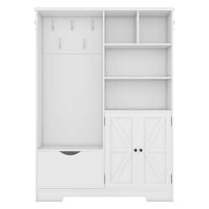 White Hall Tree with Storage Shelves, Drawer and Cabinet Wooden Coat Rack with Hooks and Bench for Hallway Entryway