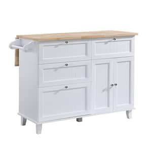 47.6 in. W 3-Piece Farmhouse White Wood Top Kitchen Island Set with 2 Stools Seats 2