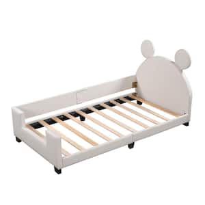 White Wood Frame Twin PU Leather Platform Bed with Mickey Mouse Ears Headboard