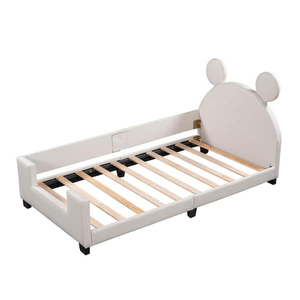 Unbranded White Wood Frame Twin PU Leather Platform Bed with Mickey Mouse Ears Headboard