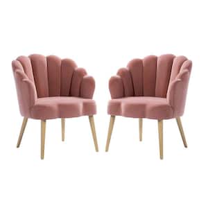 Flora Pink Mid-century Modern Scalloped Tufted Velvet Barrel Chair with Wood Legs(Set of 2)