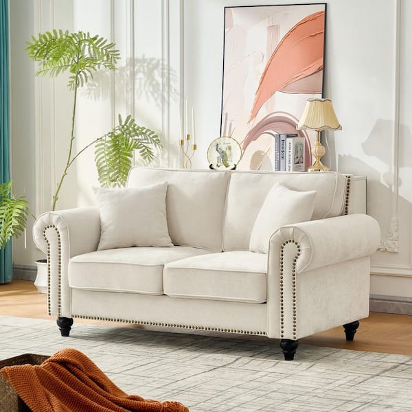 Mona 63 in. Rolled Arm Chenille Rectangle Sofa in. Beige with Wood Legs, Nailhead Trim, Pillows