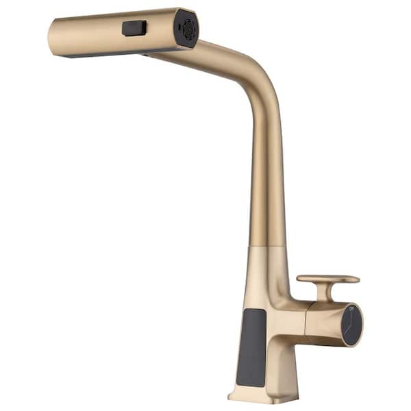 FLG Single-Handle Pull Out Sprayer Kitchen Faucet LED Temperature Display Single-Hole Waterfall Sink Taps in Brushed Gold