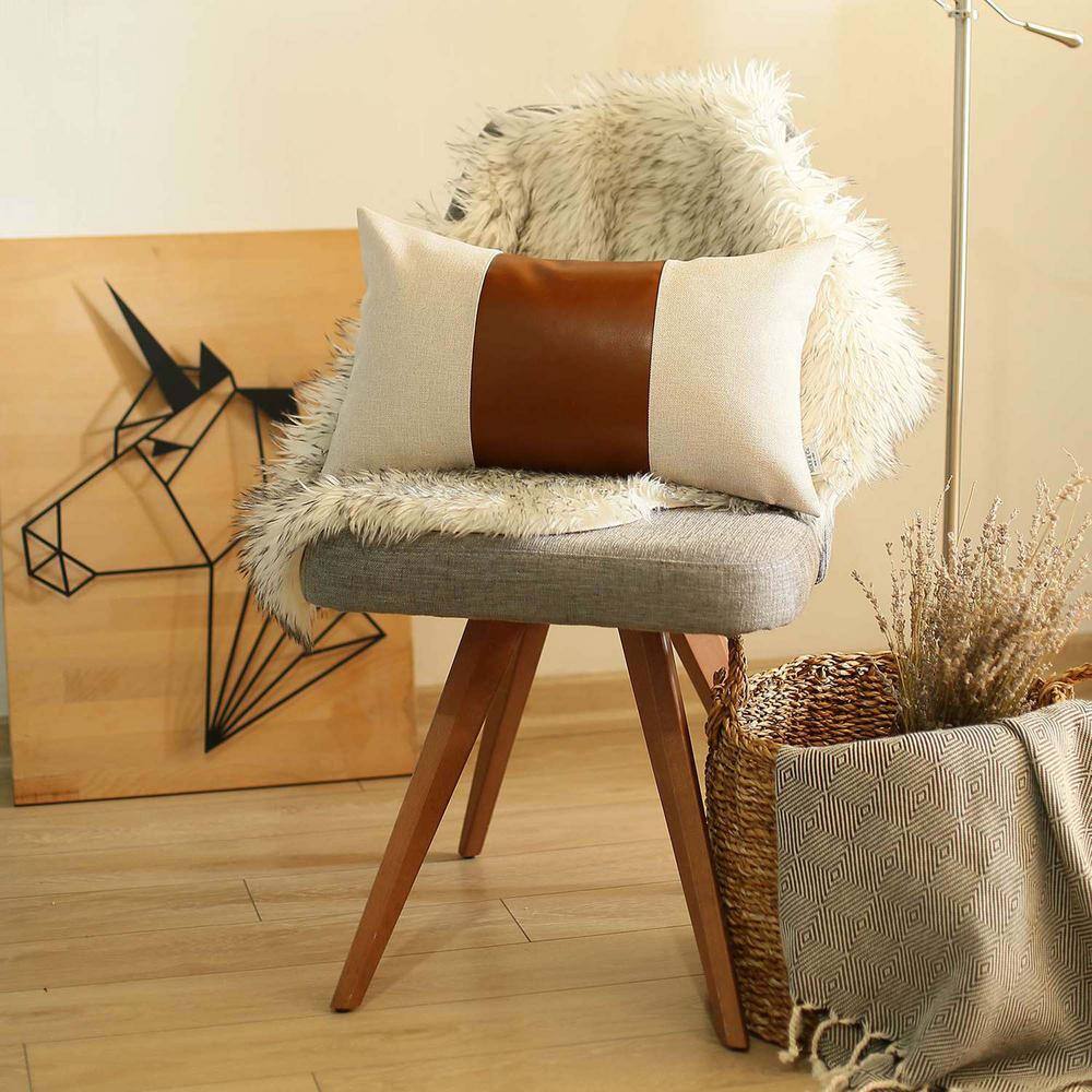 Ivory and Brown Faux Leather Lumbar Throw Pillow