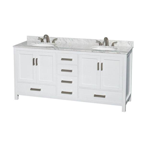 Wyndham Collection Sheffield 72 in. Double Vanity in White with Marble Vanity Top in Carrara White