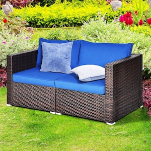 2PCS Rattan Corner Sofa Set Patio Outdoor Furniture Set w/4 Navy Cushions