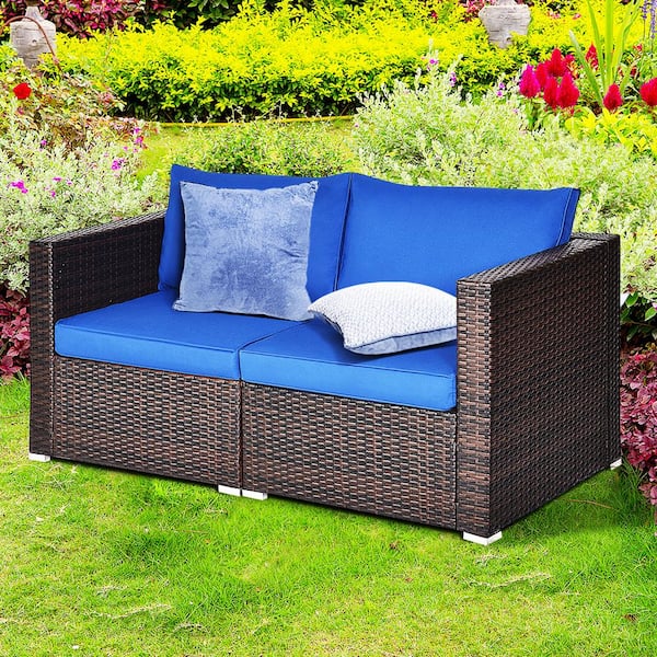 2PCS Rattan Corner Sofa Set Patio Outdoor Furniture Set w/4 Navy Cushions