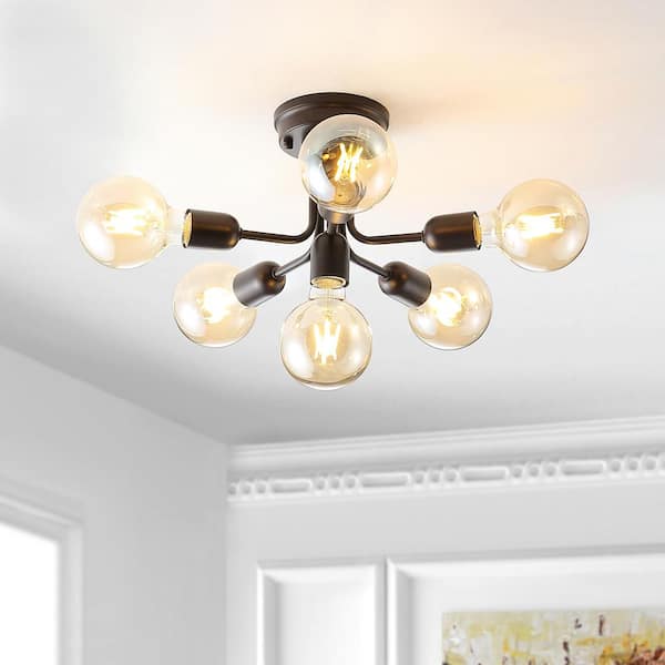 JONATHAN Y Marcel 20 in. 6-Light Globe Farmhouse Modern Iron Bistro LED Semi Flush Mount, Oil Rubbed Bronze