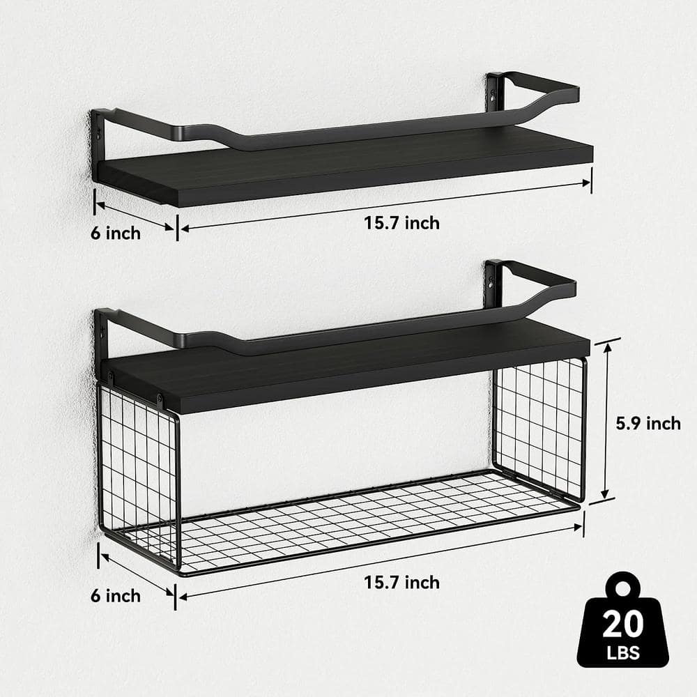 Black Wood Floating Wall Shelves with Wire Basket