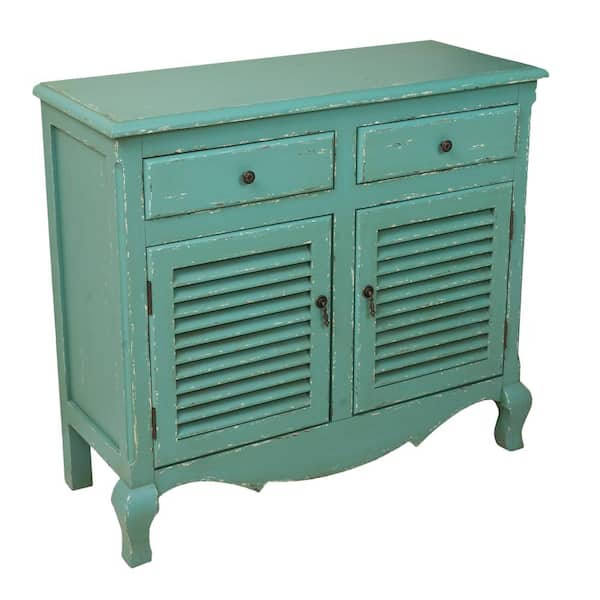 Noble House Rainier Antique Green Accent Cabinet with 2-Slide Out Drawers and 2-Louvered Doors