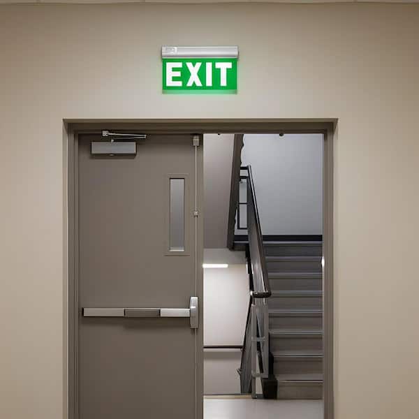 3-Watt Green LED Edge Lit Exit Sign Brushed Aluminum Housing, Single Sided Emergency Exit Light for Commercial Buildings