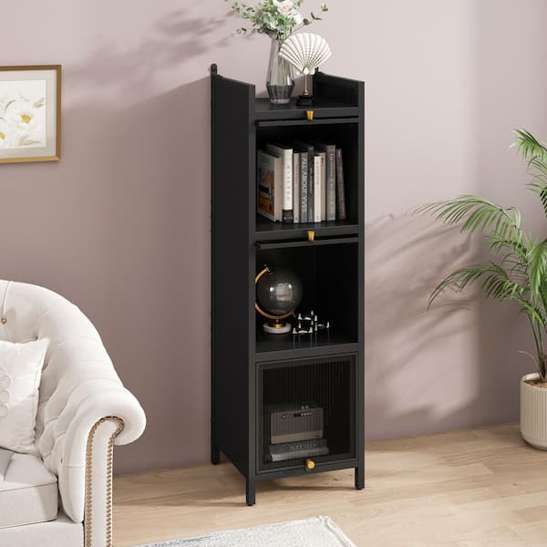 Modern 3-tier Glass Door Cabinet with Featuring 4-tier Storage, for Entryway Living Room, Black