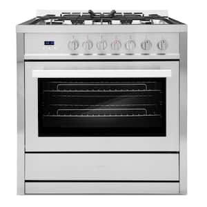 36 in. 3.8 cu. ft. Single Oven Gas Range with 5 Burner Cooktop and Heavy Duty Cast Iron Grates in Stainless Steel