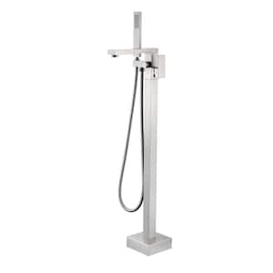 Single-Handle Floor Mount Freestanding Tub Faucet Bathtub Filler with Hand Shower in Brushed Nickel