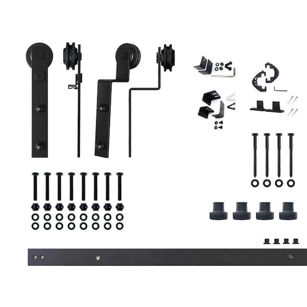 HOMACER 5.5 ft./66 in. Black Rustic Single Track Bypass Sliding Barn Door Hardware Kit Straight Design Roller for Double Doors