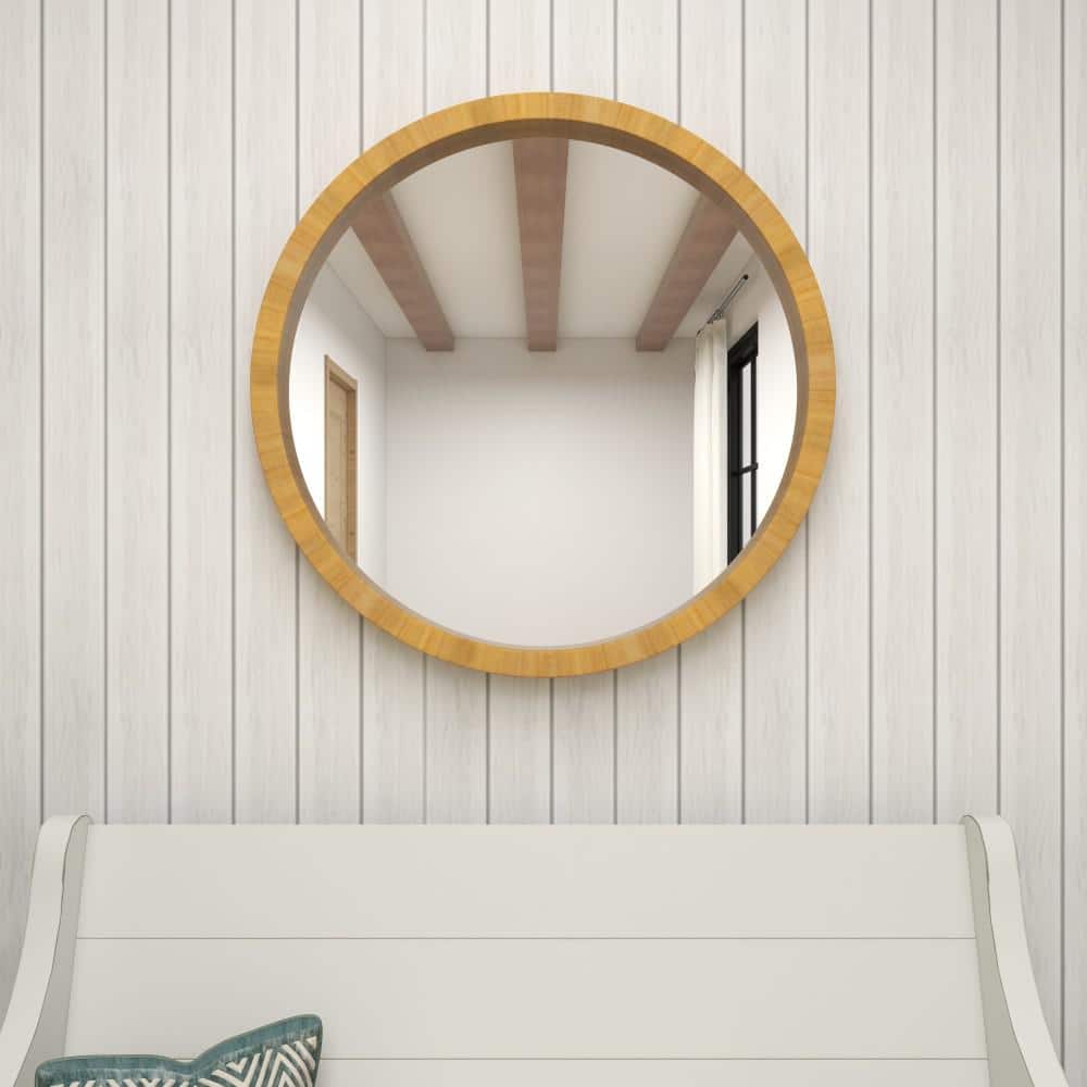 Natural Brown Round Wood Wall Mirror, 32"