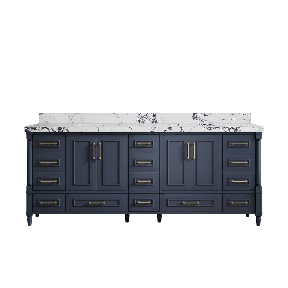Hudson 84 in. Double Sink Freestanding Navy Blue Bath Vanity with Viola Night Quatrz Top Unassembled price history on PriceWatchPro