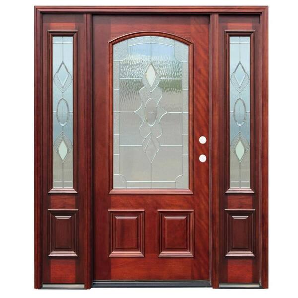 Pacific Entries 68 in. x 80 in. Strathmore Traditional 3/4 Lite Arch Stained Mahogany Wood Prehung Front Door with 12 in. Sidelites
