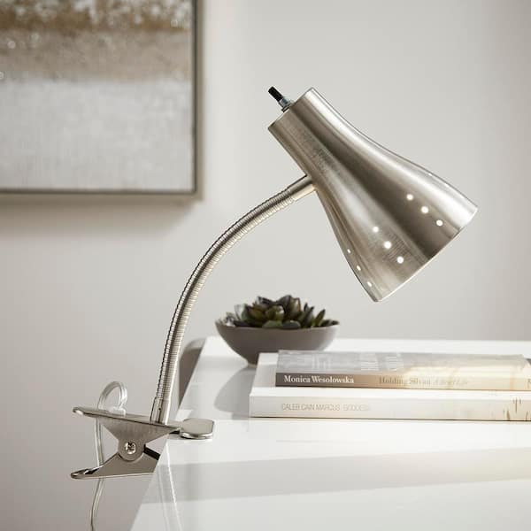 Hampton Bay Hampton Bay 13.9 in. Satin Chrome Modern Clip Table Lamp for Bedrooms with Metal Shade and Gooseneck