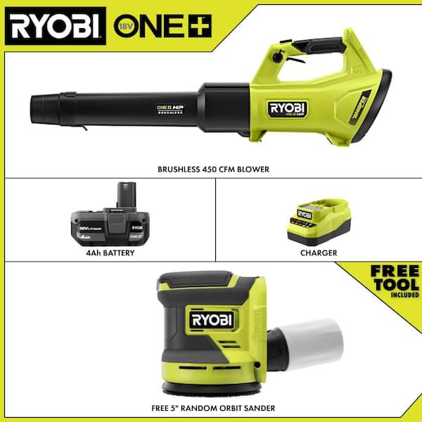 ONE+ HP 18V Brushless 450 CFM Cordless Leaf Blower with 4.0 Ah Battery, Charger, & FREE ONE+ 18V 5" Random Orbit Sander