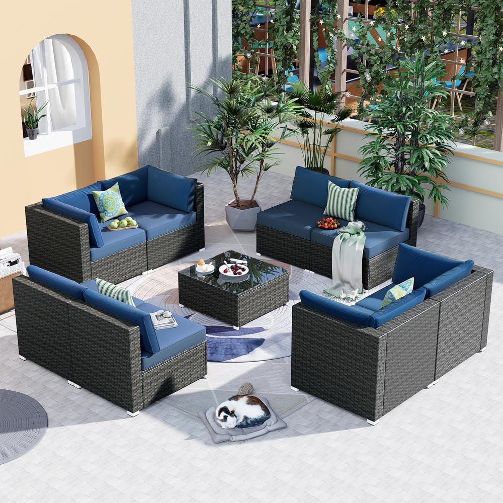 XIZZI Poseidon Gray 9-Piece Wicker Outdoor Patio Conversation Sectional ...