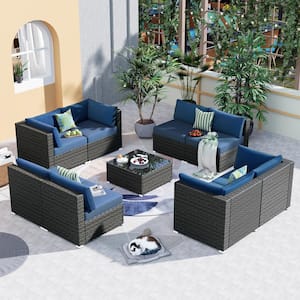 Poseidon Gray 9-Piece Wicker Outdoor Patio Conversation Sectional Sofa Seating Set with Denim Blue Cushions