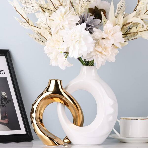 White Gold Ceramic Vase Set of 2 for Modern Home Decor, Round Boho Vase ...