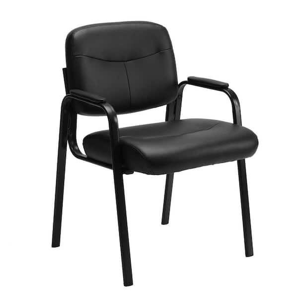 FIRNEWST Black Office Guest Chair Leather Executive No Wheels Waiting Room Chairs with Padded Arm Rest