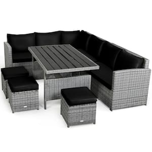 7-Piece Wicker Rattan Patio Conversation Set with Dining Table, Cozy Black Cushion with Removable Cover