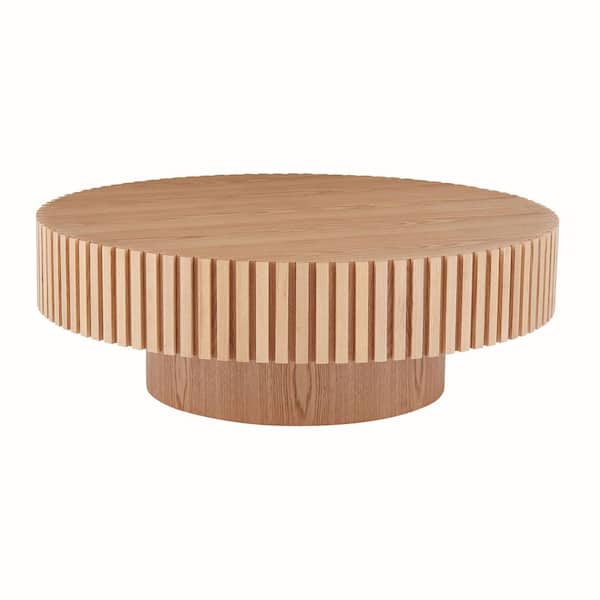 Tenleaf 39.37 in. Natural Ash Brown Round Wood Outdoor Coffee Table with Sturdy Pedestal