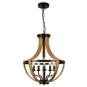 5-Light Natural Wood Grain Finish Semi-Globle Farmhouse Chandelier, Ceiling Light with Adjustable High