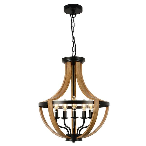 FIRHOT 5-Light Natural Wood Grain Finish Semi-Globle Farmhouse Chandelier, Ceiling Light with Adjustable High