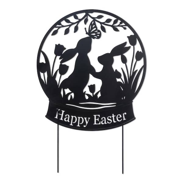 30 in. H Easter Metal Silhouette Bunny Couple Yard Stake/Wall Decor (KD, 2 Function)