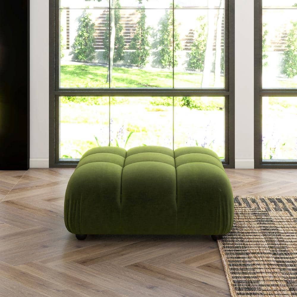 Olive Green Velvet Tufted Square Ottoman