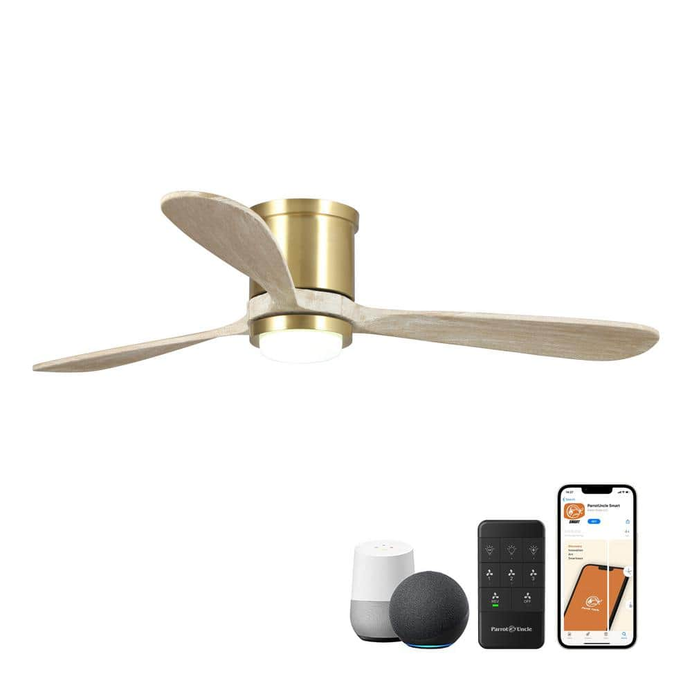 52 in. Integrated LED Sand Gold Flush Mount Smart Ceiling Fan with Remote, Works with Alexa & Google Home -  Parrot Uncle, 530173SQ-SMART