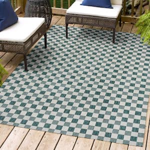 Aimee Traditional Cottage Checkerboard Turquoise/Cream 3 ft. x 5 ft. Indoor/Outdoor Area Rug