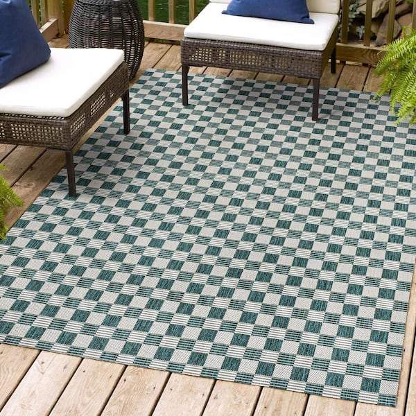 JONATHAN Y Aimee Traditional Cottage Checkerboard Turquoise/Cream 3 ft. x 5 ft. Indoor/Outdoor Area Rug