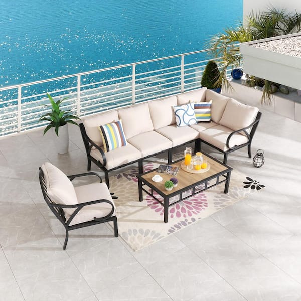 7-Piece Metal Outdoor Sectional Set with Beige Cushions