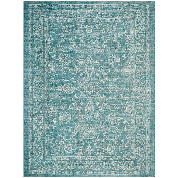 Courtyard Turquoise 8 ft. x 11 ft. Border Indoor/Outdoor Patio  Area Rug