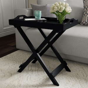 Black Wooden Folding End Table with Removable Tray