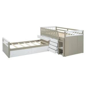 Light Brown and White L-shaped Space-Saving Twin Loft and Twin Platform Bed with 7 Drawers