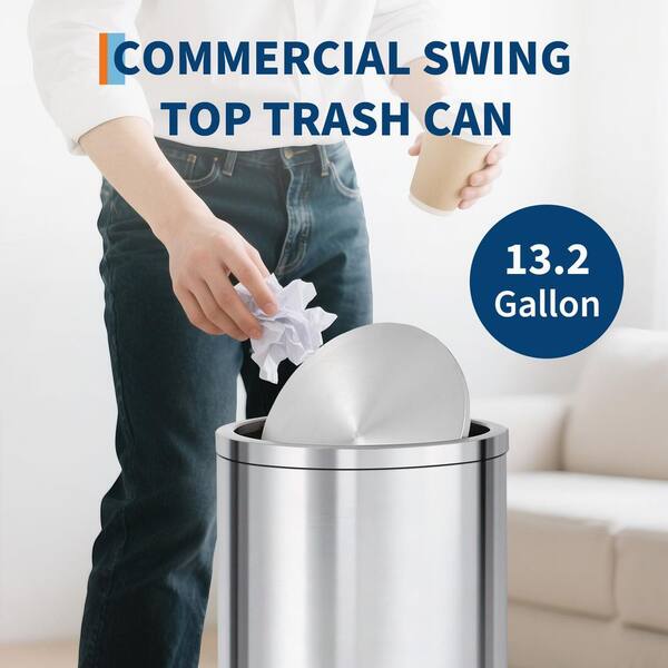 13 Gal. 50 Liter Silver Round Stainless Steel Kitchen Trash Can