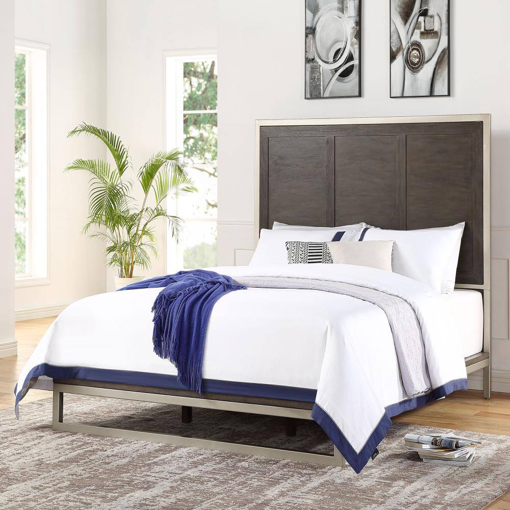 Walnut and Silver Upholstered Queen Platform Bed with Nailhead Trim