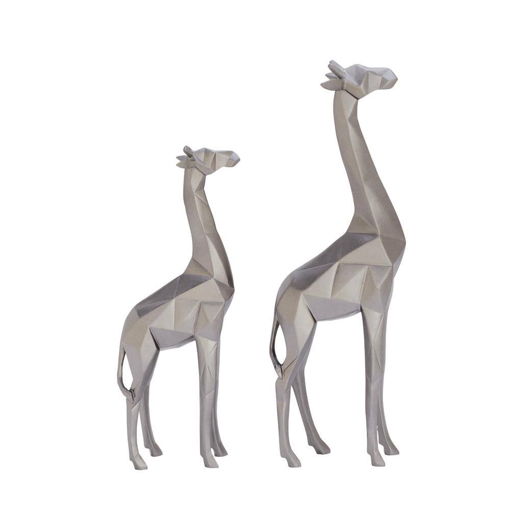Silver Geometric Polystone Giraffe Sculptures, Set of 2