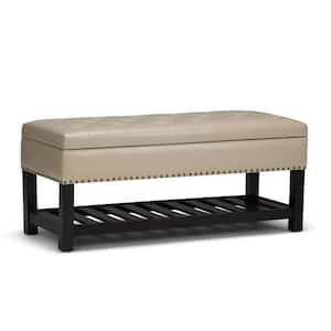 Lomond 44 in. Wide Transitional Rectangle Storage Ottoman Bench in Satin Cream Vegan Faux Leather