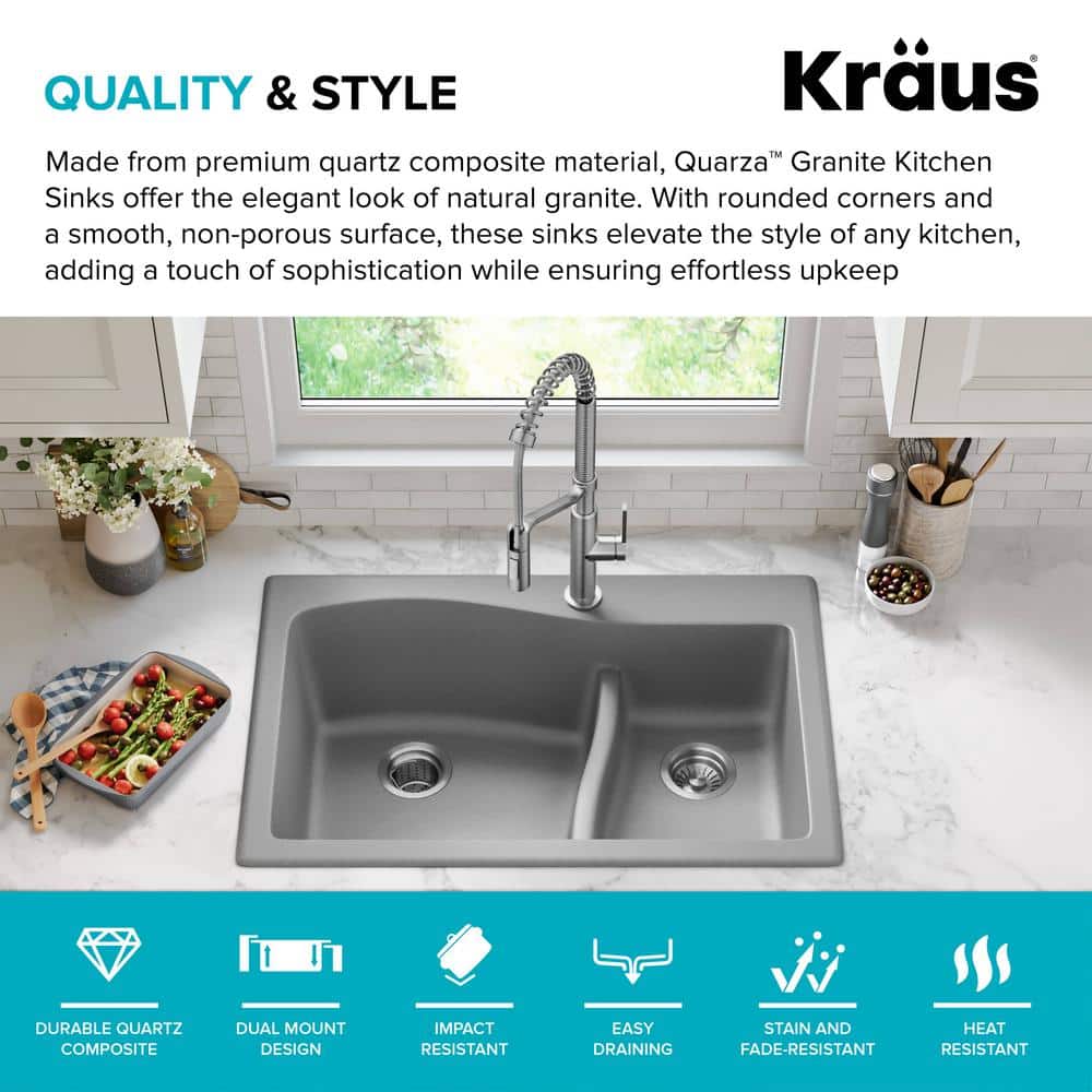 Gray 33-inch Dual Mount Double Bowl Granite Kitchen Sink